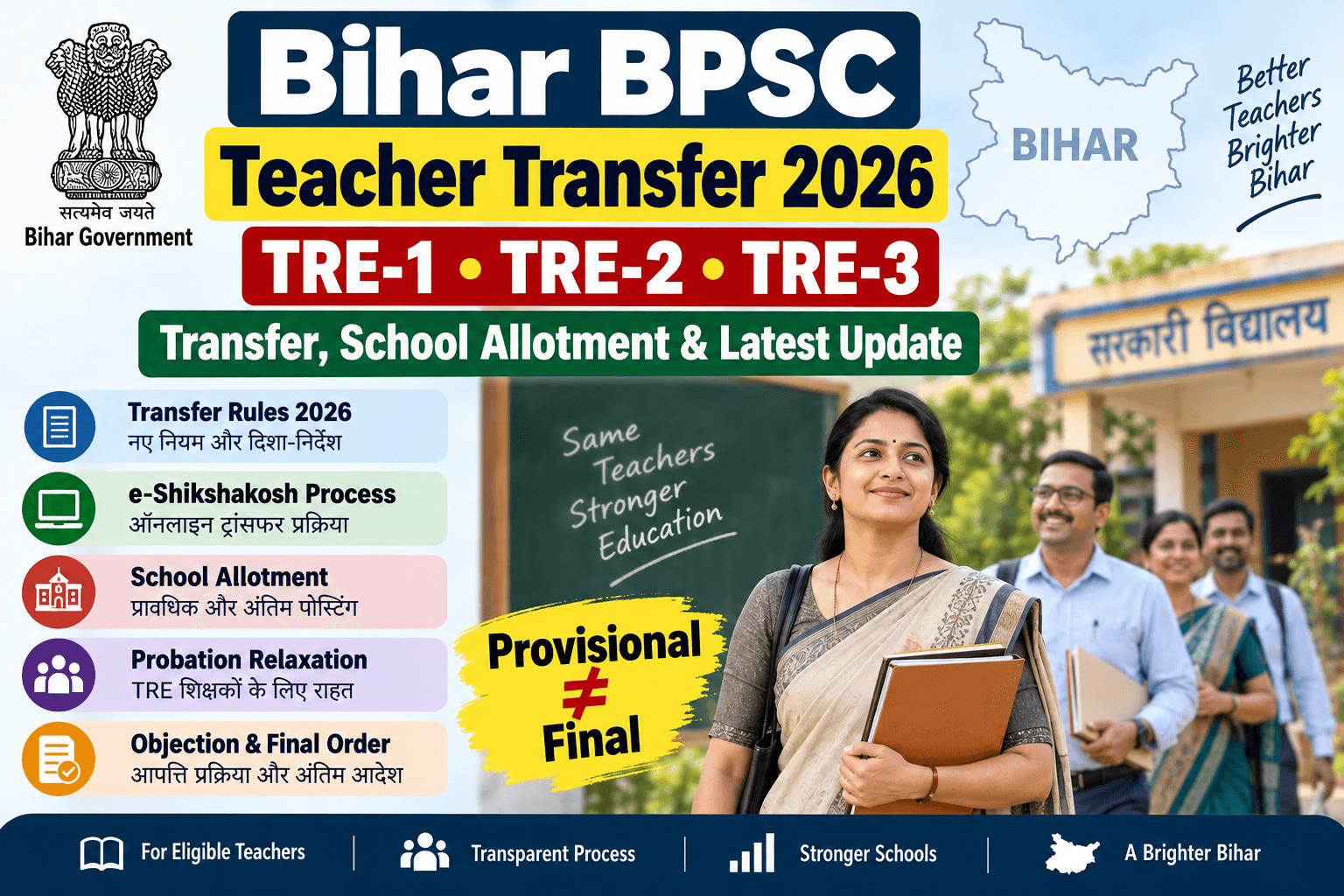 Bihar BPSC Teacher Transfer 2026: TRE-1, TRE-2 और TRE-3 शिक्षकों के Transfer, School Allotment और Latest Update